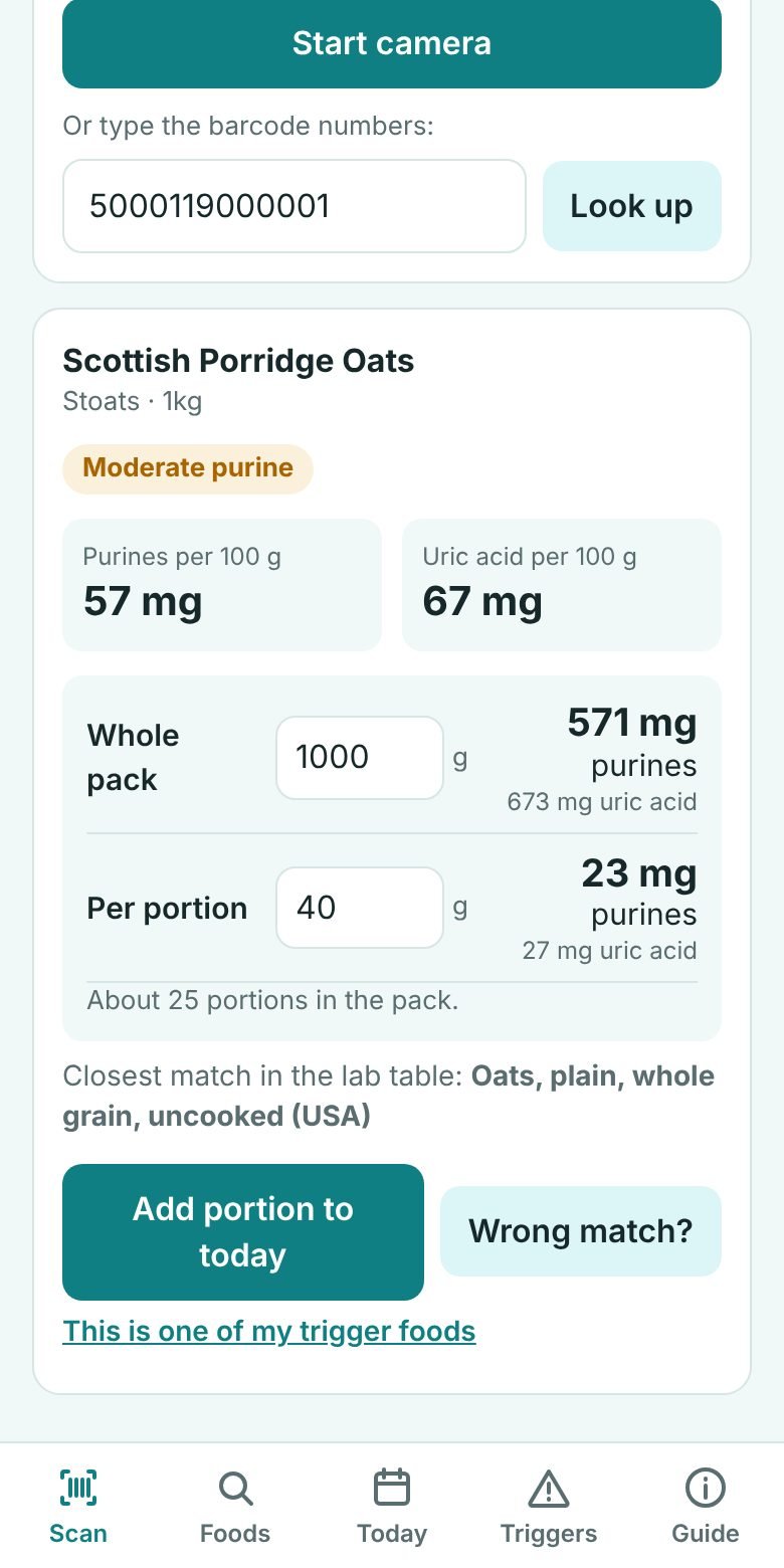 Purine Smart showing a scanned pack of porridge oats: moderate purine, 571 mg for the whole pack, 23 mg per 40 g portion